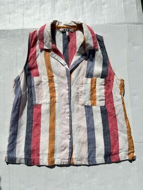 Three Dots Multicolor Striped Button-Down Sleeveless Top